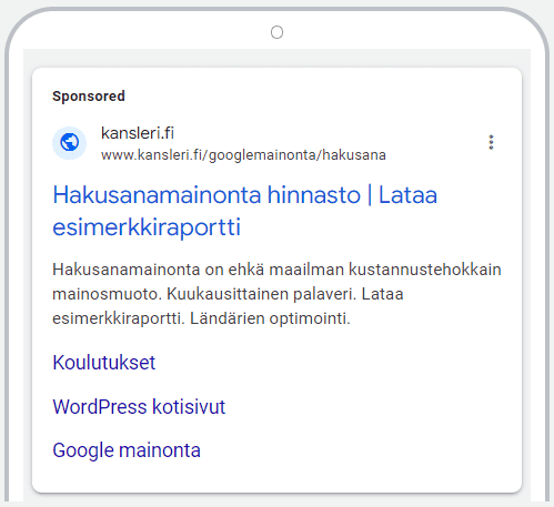 Esimerkki hakusanamainoksesta Googlen hakutuloksissa
