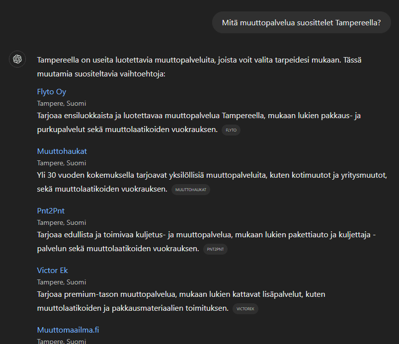 ChatGPT:n vastaus kysymykseen Mitä muuttopalvelua suosittelet Tampereella? Listalla on muun muassa Muuttohaukat.